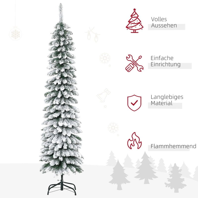 Albero di Natale artificiale, innevato, dal design sottile, ignifugo, 180 cm, verde/bianco