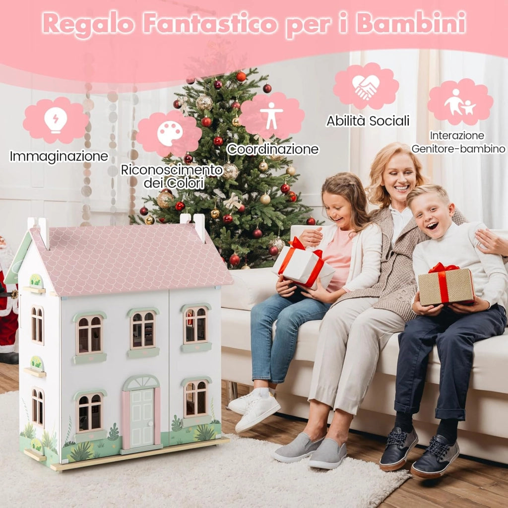 Casa delle Bambole in Legno, Casetta delle Bambole a 3 Piani con Tetti Rimovibili, Porte Apribili, Finestre Squisite 5 Stanze e 19 Accessori, Regalo per Bambini 3+ Anni