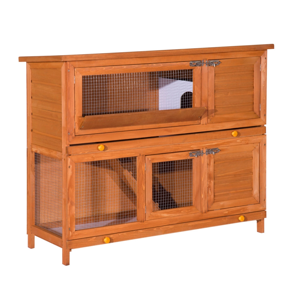 Gabbia per conigli e polli in legno di pino a 2 piani con mangiatoia e tetto apribile ¨C Xylo ¨C 120x48x100 cm