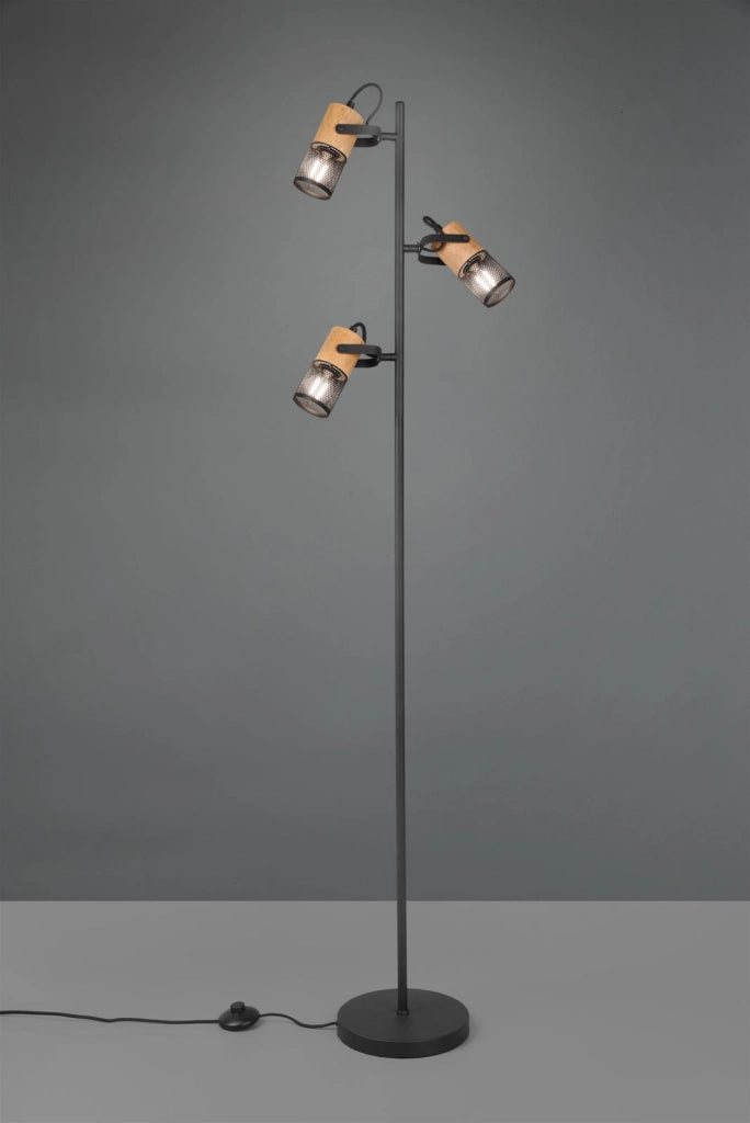 TOSH PIANTANA 3 CILINDRI GABBIA METALLO NERO OPACO E LEGNO H. 150CM ATTACCO E14