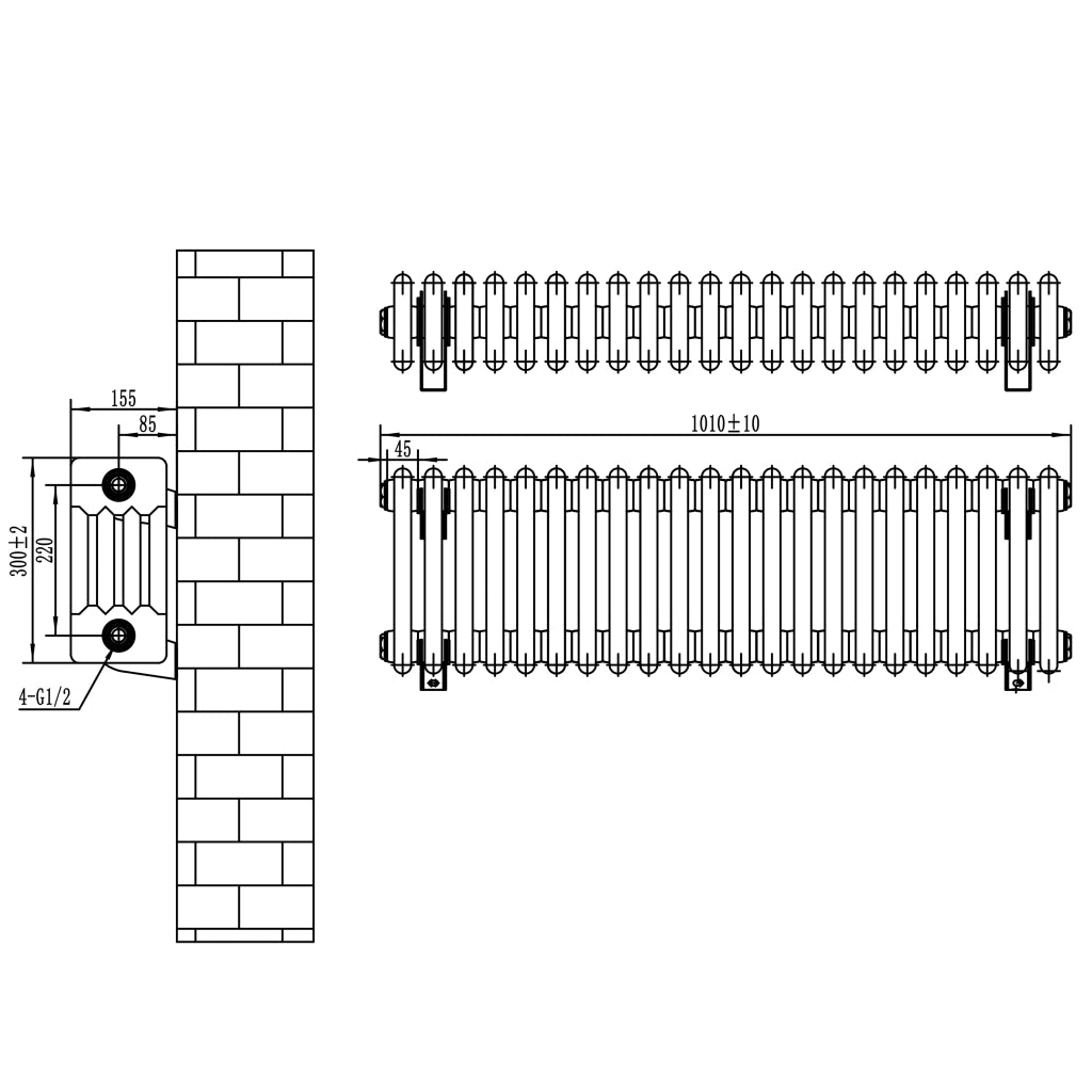 Radiatore Tradizionale 4 Colonne Orizzontale Antracite & Valvole 300 x 1010 mm