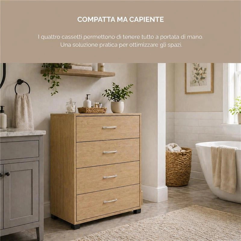 CASSETTIERA IN LEGNO CON QUATTRO CASSETTI COLORE ROVERE DIMENSIONI 50X40X83 CM