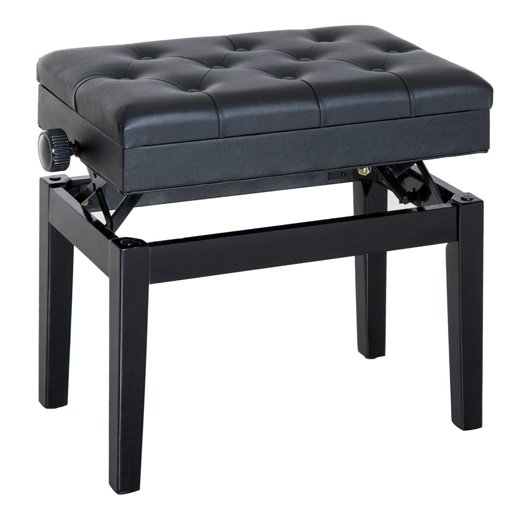 EasyComfort Sgabello per Pianoforte Trapuntato con Vano Contenitore, in Legno e Pelle PU, 54.5x33x48-58 cm, Nero