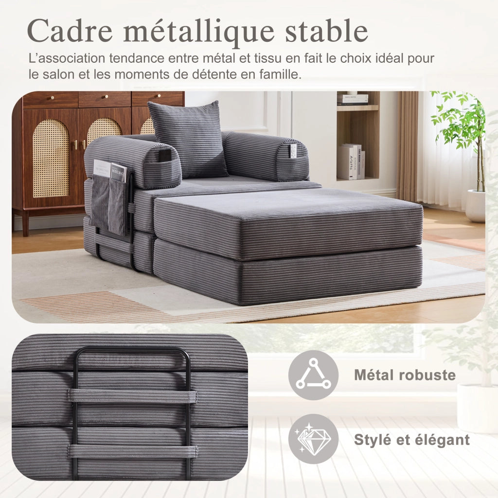 Poltrona con pouf compressa ergonomica con tasca e cuscino in velluto a coste grigio scuro 112 × 190 × 67 cm