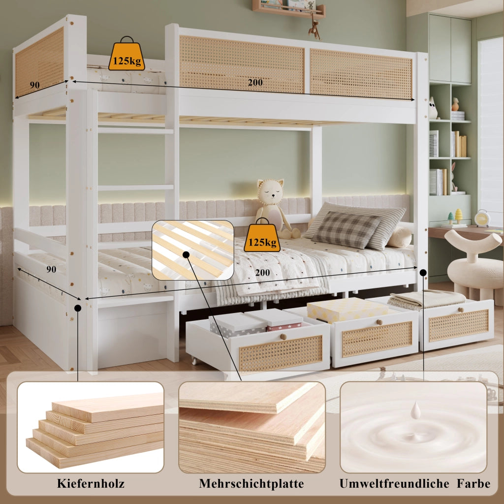 LETTO a castello per bambini 90x200 cm Pino, MDF e compensato Bianco/Naturale