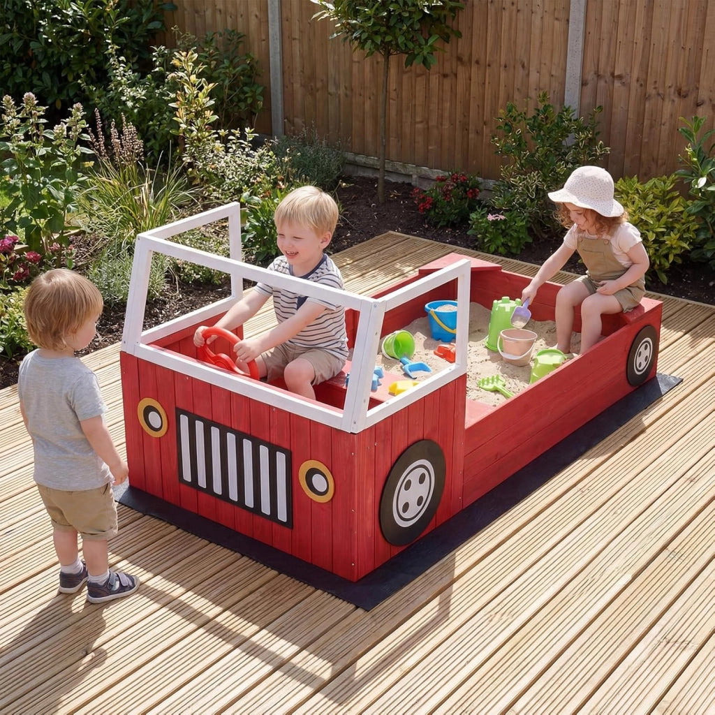 Sabbiera per Bambini in Legno Massello, Sabbionaia da Esterno con Panca Sedile e Fodera, Forma di Autopompa, Gioco per Spiaggia, Cortile e Giardino, 156x80x70 cm