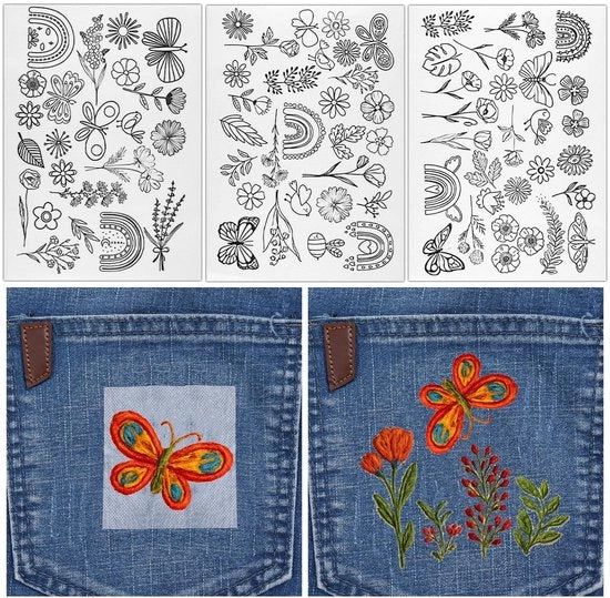 Set di Stickers per Punti di Croce, 79 pezzi, progetti DIY per tessuti, bianco/nero, disegni floreali, adatto per cuciture a punto, 30 x 22 cm.