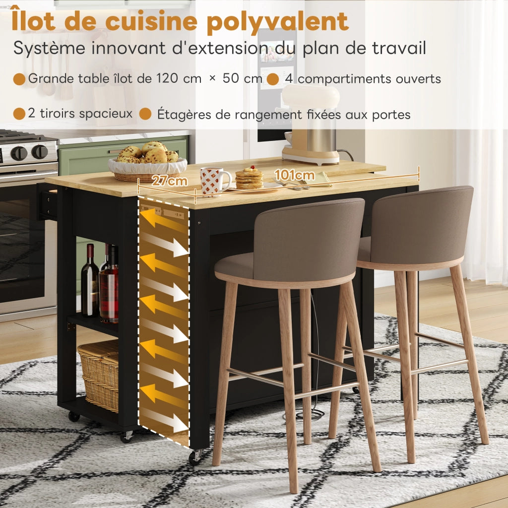 Isola cucina estraibile - Zephmum - 120 cm - Con bar, prese, 2 cassetti