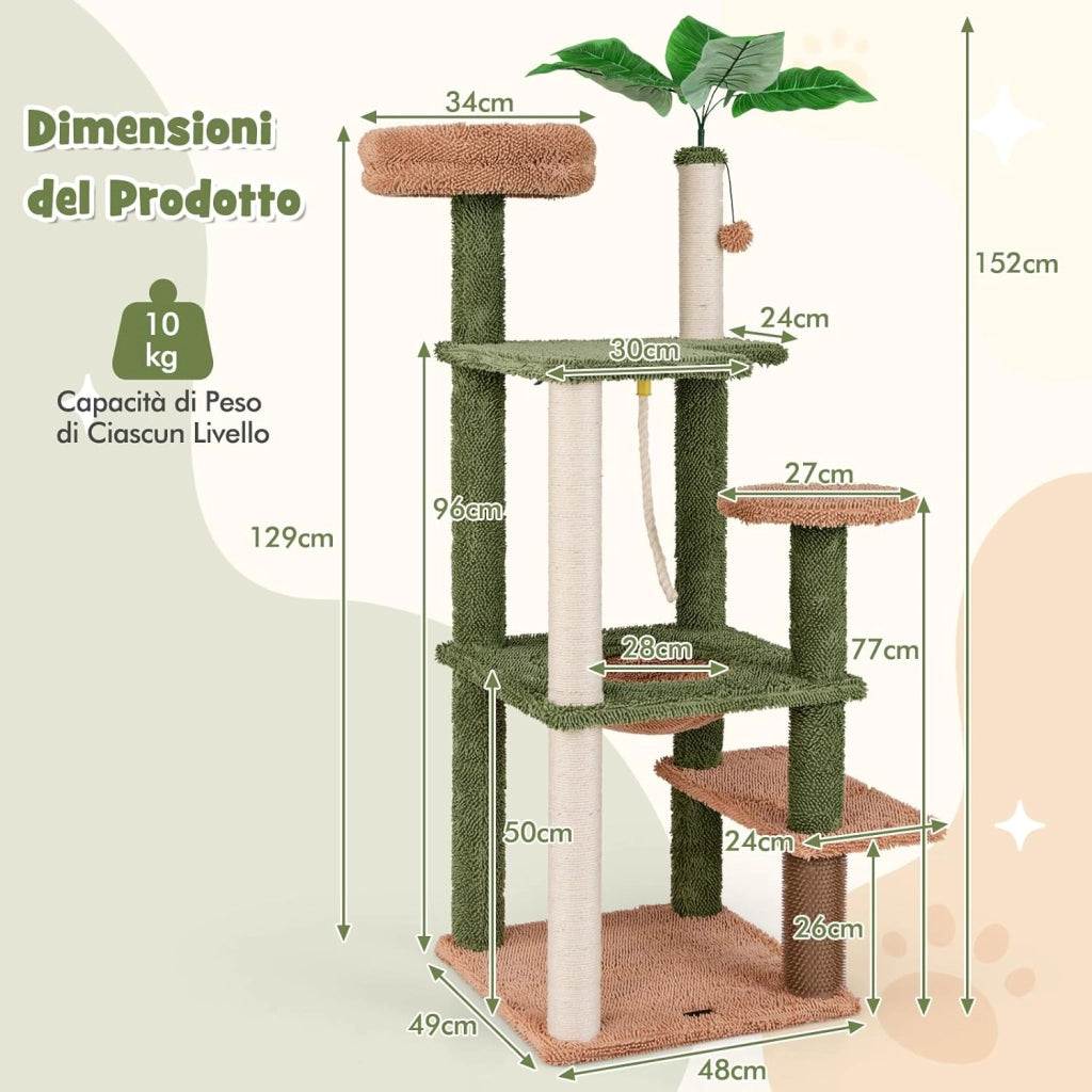 Albero per Gatti 152 CM, Tiragraffi per Gatti in Sisal con Posatoio in Peluche, Giocattolo Appeso, Autopulizia, Pianta Finta e Piattaforme di Salto, Centro Attività per Gattini