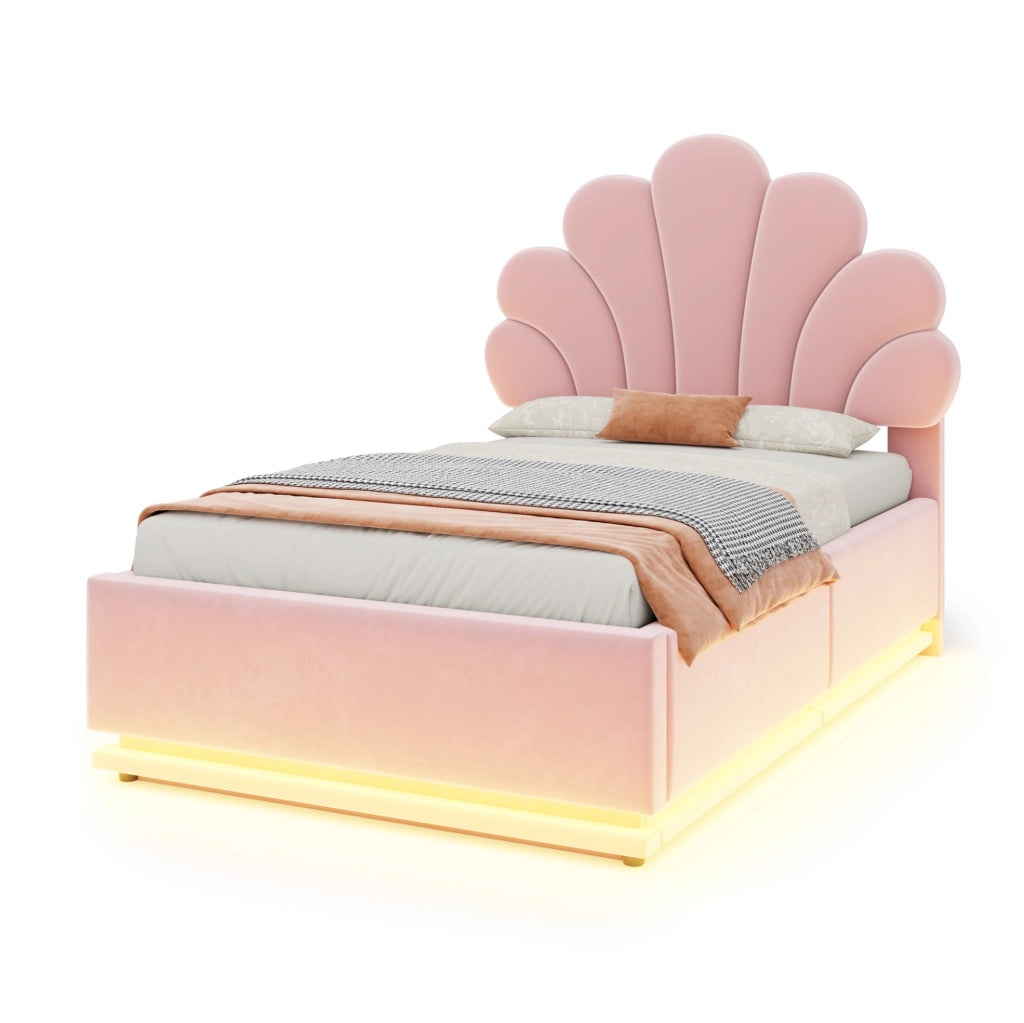 Letto imbottito contenitore 90 x 200 cm rosa con LED e testiera a fiore