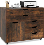 Cassetteria a 5 Cassetti, Comò Camera da Letto con Armadietto con Anta, Comodino Tavolino in Legno con 5 Ruote Universale, Mobile per Soggiorno, 77,5 x 40 x 64 cm (Marrone)