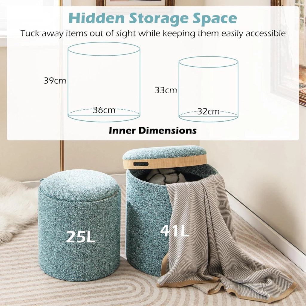 Set di 2 pouf con vano portaoggetti, sgabello rotondo con vassoio/coperchio reversibile, pouf imbottito in tessuto, poggiapiedi con manici laterali, sgabello multifunzione blu cielo