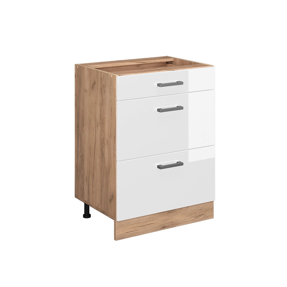 Mobiletto base per cucina R-Line Bianco lucido/Rovere dorato 60 cm con cassetti, senza piano di lavoro Vicco