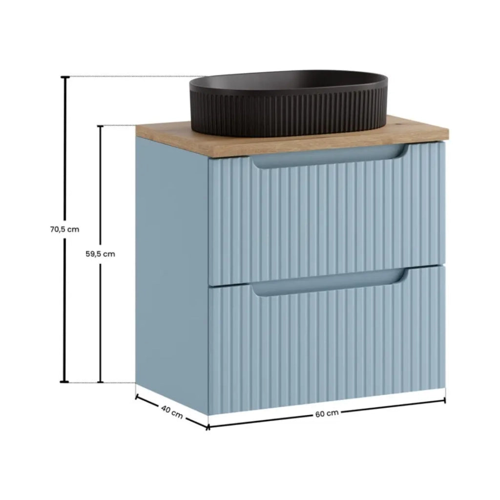 Insieme VANO blu denim e rovere chiaro 60cm: mobile sottolavabo con cassetti + top per lavabo + lavabo da appoggio nero rigato