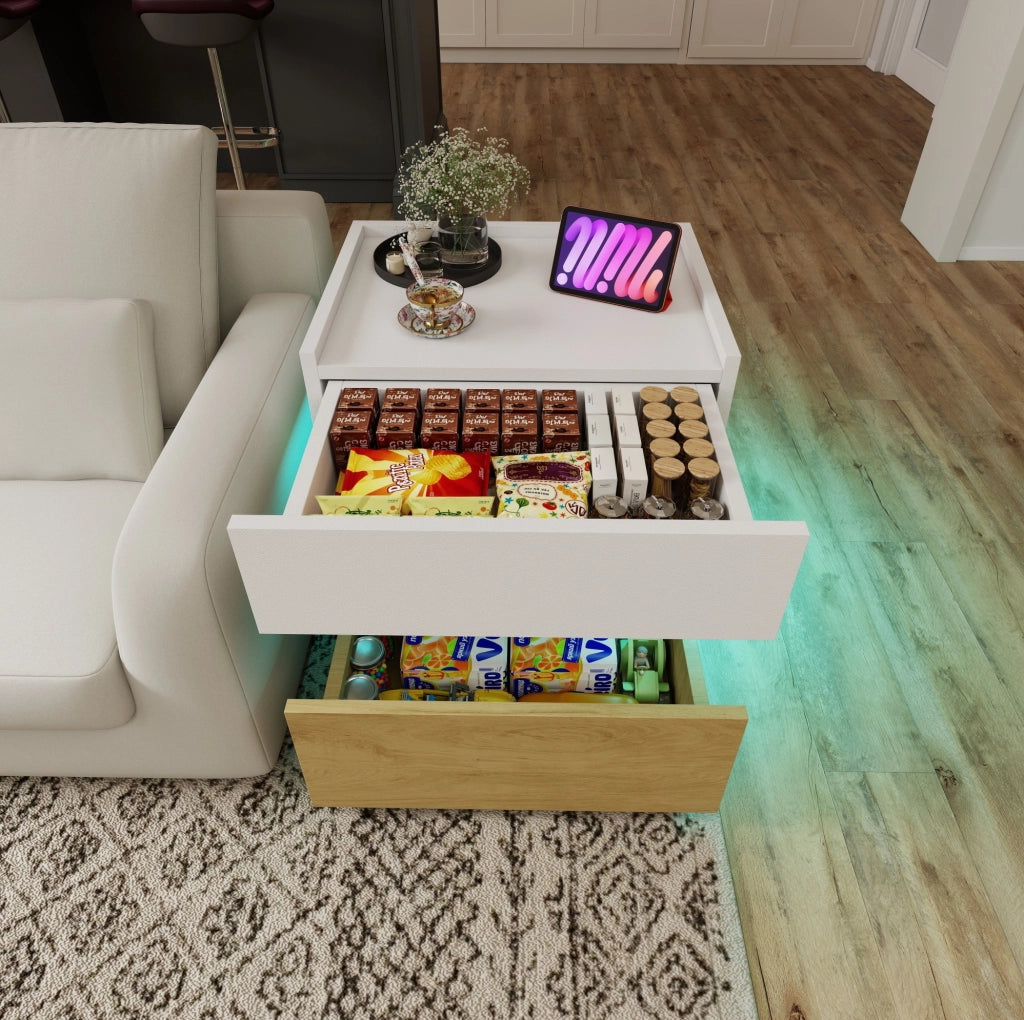 Comodino 50x40x50 cm bianco e naturale con LED, 2 cassetti
