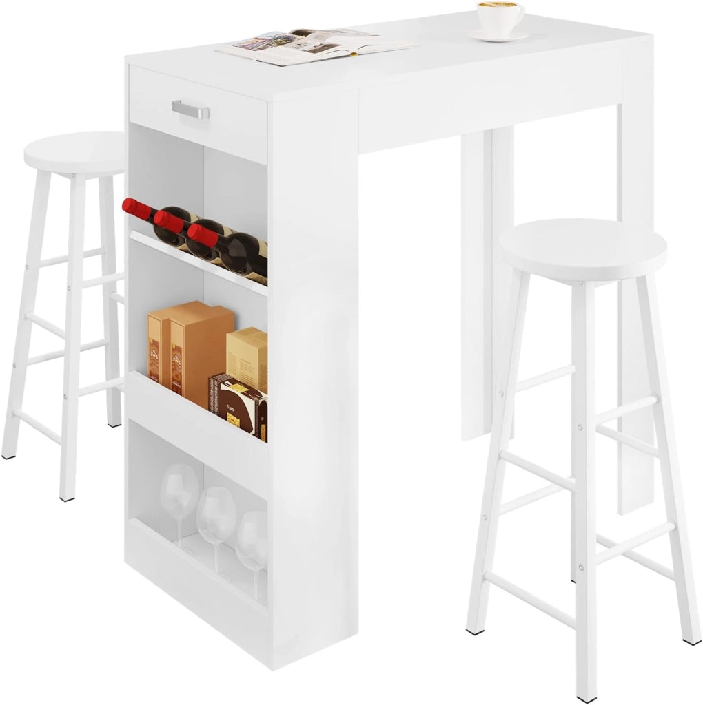 Set di Tavolo da Bar con 2 Sgabelli da Bar, Set Mobili da Bar Set di Sedie da Pranzo con Tavolino & Set di 2 Sgabelli da Bar, Bianco