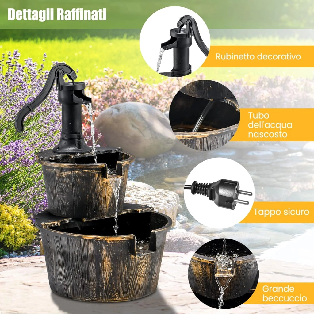 Fontana da Giardino a 2 Livelli, Fontana Rustica con Pompa Regolabile e Ricircolo di Acqua, Fontanella per Giardino Prato e Terrazza, 45,5 x 41 x 68 cm, Bronzo Antico