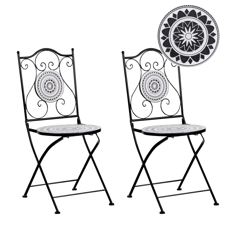 Set di 2 sedie pieghevoli da giardino in metallo con piastrelle in ceramica bianche e nere giardino esterno