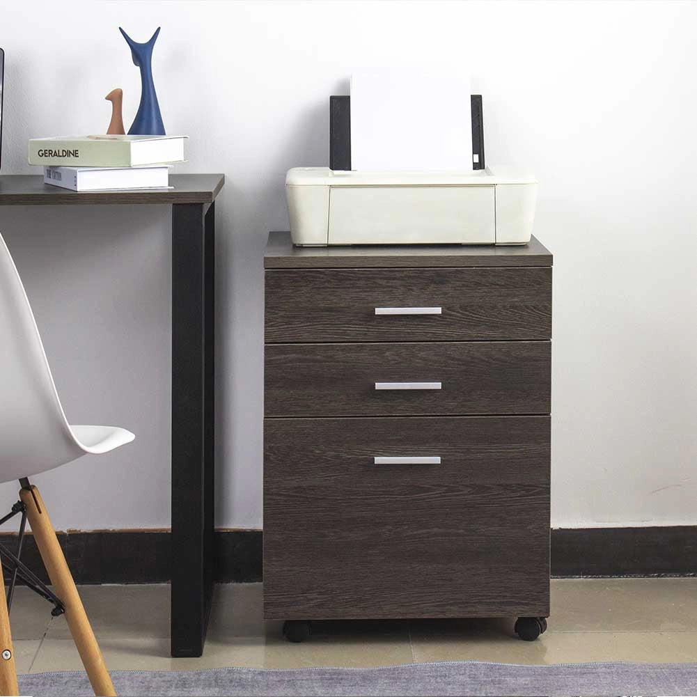 Cassettiera Scrivania Ufficio Legno MDF Mobiletto Stampante 3 Cassetti Moro