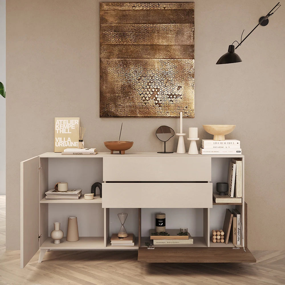 Madia 1 anta, 2 cassetti e 2 vani Linea MONACO L 181 x H 94 x P 42, realizzata in legno 100% MADE IN ITALY, design moderno per cucina, sala da pranzo, soggiorno colore Cashmere/Mercure