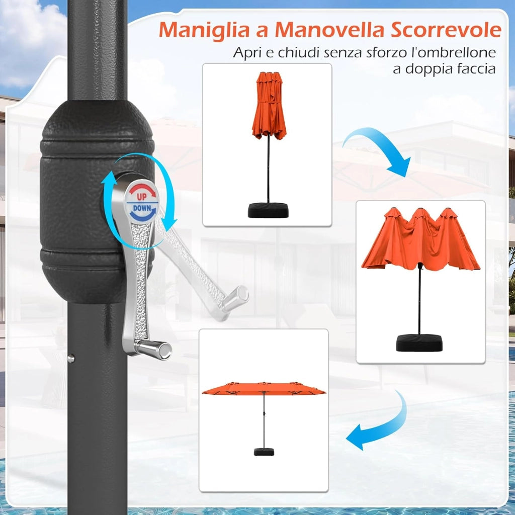 Ombrelloneda Giardino Doppio 400 x 200 cm, Ombrellone Rettangolare con Base, Anti-UV, con Manovella e 12 Stecche, per Giardino Piscina Patio (Arancione)