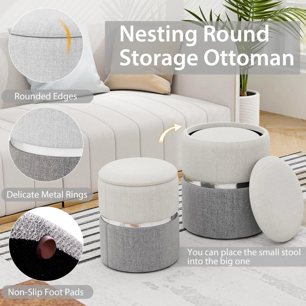 Set di 2 pouf a sacco rotondo bicolore, sgabello estraibile imbottito con ripostiglio, poggiapiedi, capacità 32 L e 21 L, tavolino compatto per soggiorno, camera da letto, ufficio