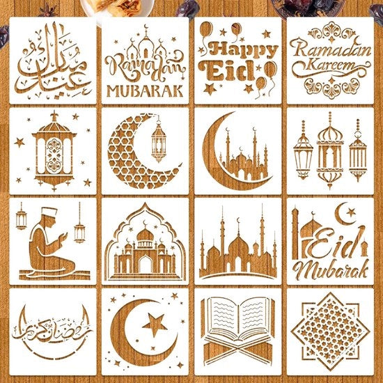 Stencili per Pareti/Ritratti - 16 Stucchi - Stencili Riciclabili per Ramadan - Decorazioni per la Casa - Stencili per Pareti/Ritratti - Materiale Durevole - Progetti Unici - Schemi