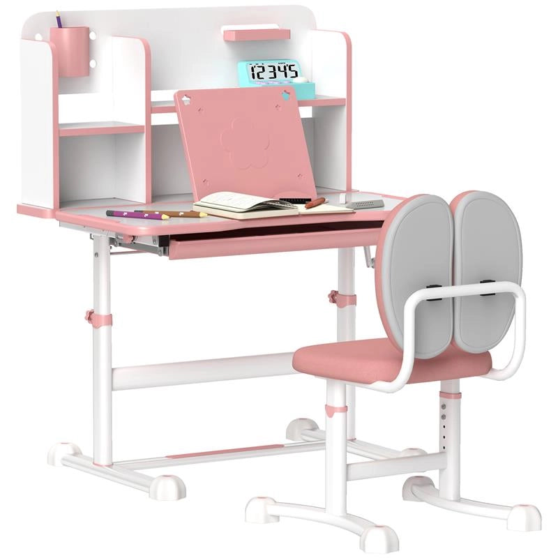 SET SCRIVANIA E SEDIA PER BAMBINI REGOLABILI BANCO SCUOLA CON PIANO INCLINABILE CASSETTO SCAFFALE ROSA