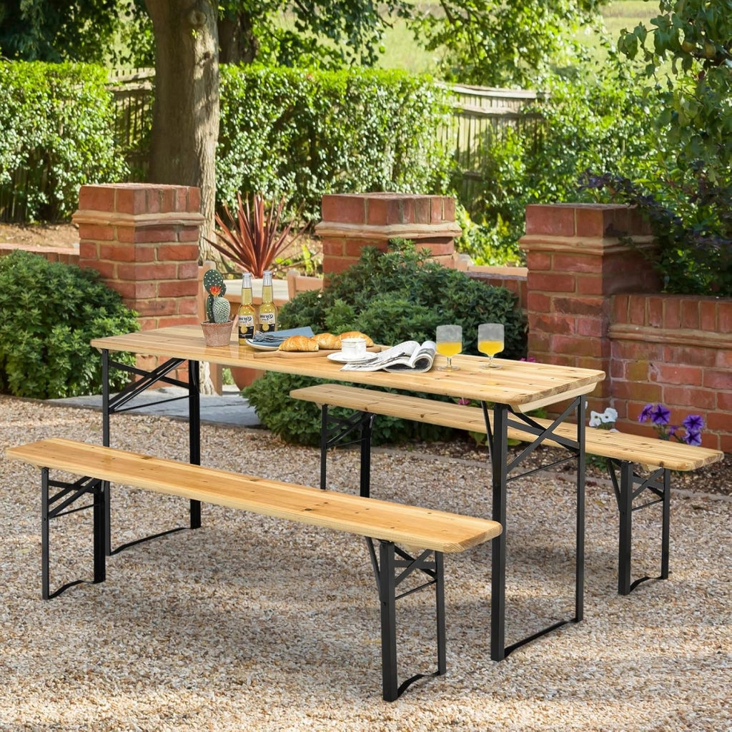 Set da Tavolo e 2 Panche da Campeggio Pieghevole, Tavolo da Picnic in Legno con Telaio e Gambe in Ferro Robusto，Adatto per Terrazza, Barbecue e Festa in Giardino