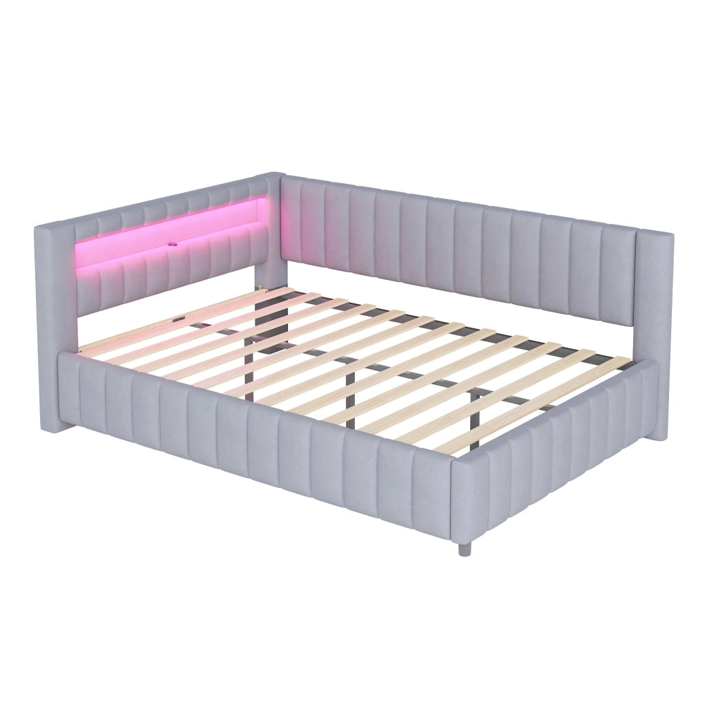 Letto imbottito a L 140x200 cm in velluto grigio con LED e porta USB