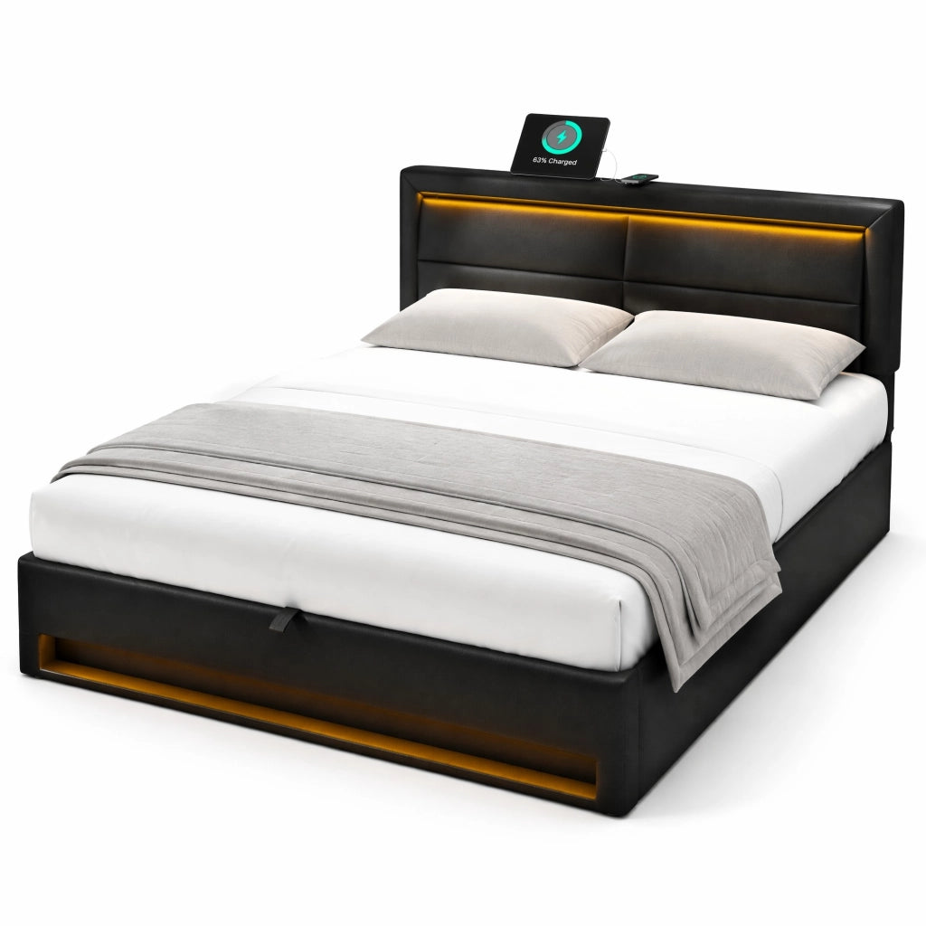 Letto imbottito 140x190 cm con USB; LED e contenitore; in PU nero