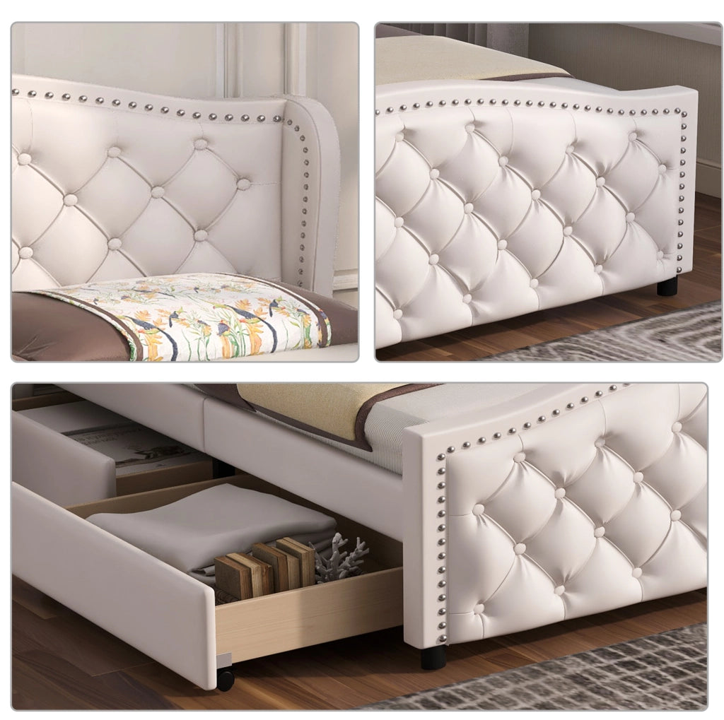 Letto matrimoniale imbottito 160x200 cm con rete a doghe e 2 cassetti; PU bianco
