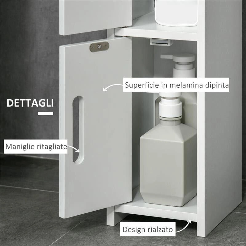 COLONNA BAGNO CON MENSOLE E ARMADIETTI, MOBILE ALTO SALVASPAZIO IN LEGNO 15X17X120CM, BIANCO