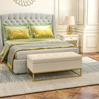 Panca Contenitore Rettangolare con Seduta Imbottita e Gambe in Acciaio, 110x44x49 cm, Beige