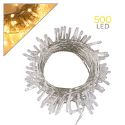 CATENA LUMINOSA NATALIZIA DA 500 LED CAVO TRASPARENTE LUCE GIALLA DA 25 METRI - ILLUMINAZIONE DECORATIVA CON 8 GIOCHI DI LUCE