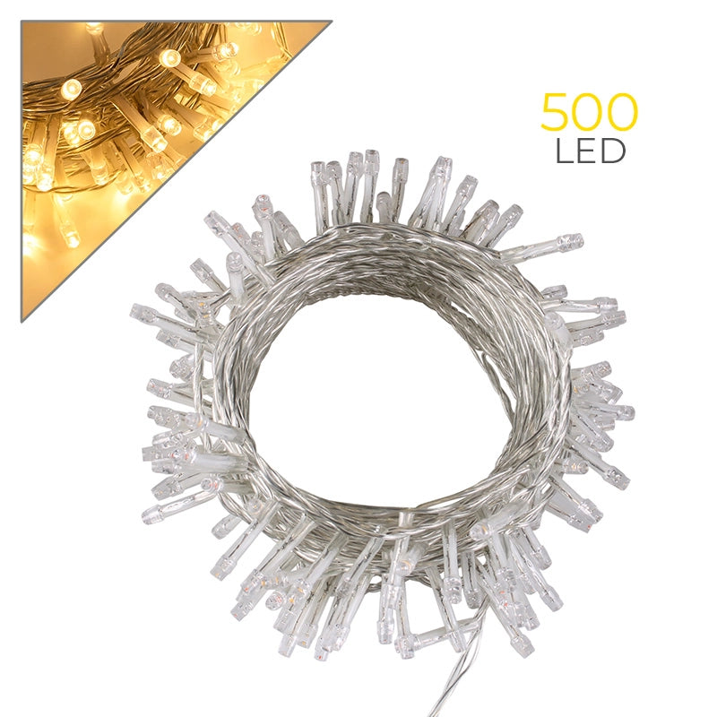 CATENA LUMINOSA NATALIZIA DA 500 LED CAVO TRASPARENTE LUCE GIALLA DA 25 METRI - ILLUMINAZIONE DECORATIVA CON 8 GIOCHI DI LUCE