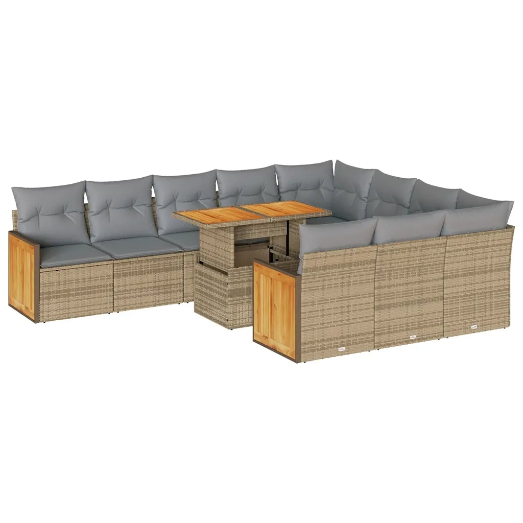 Set Divani da Giardino 11pz con Cuscini Beige Acacia Polyrattan 3327762