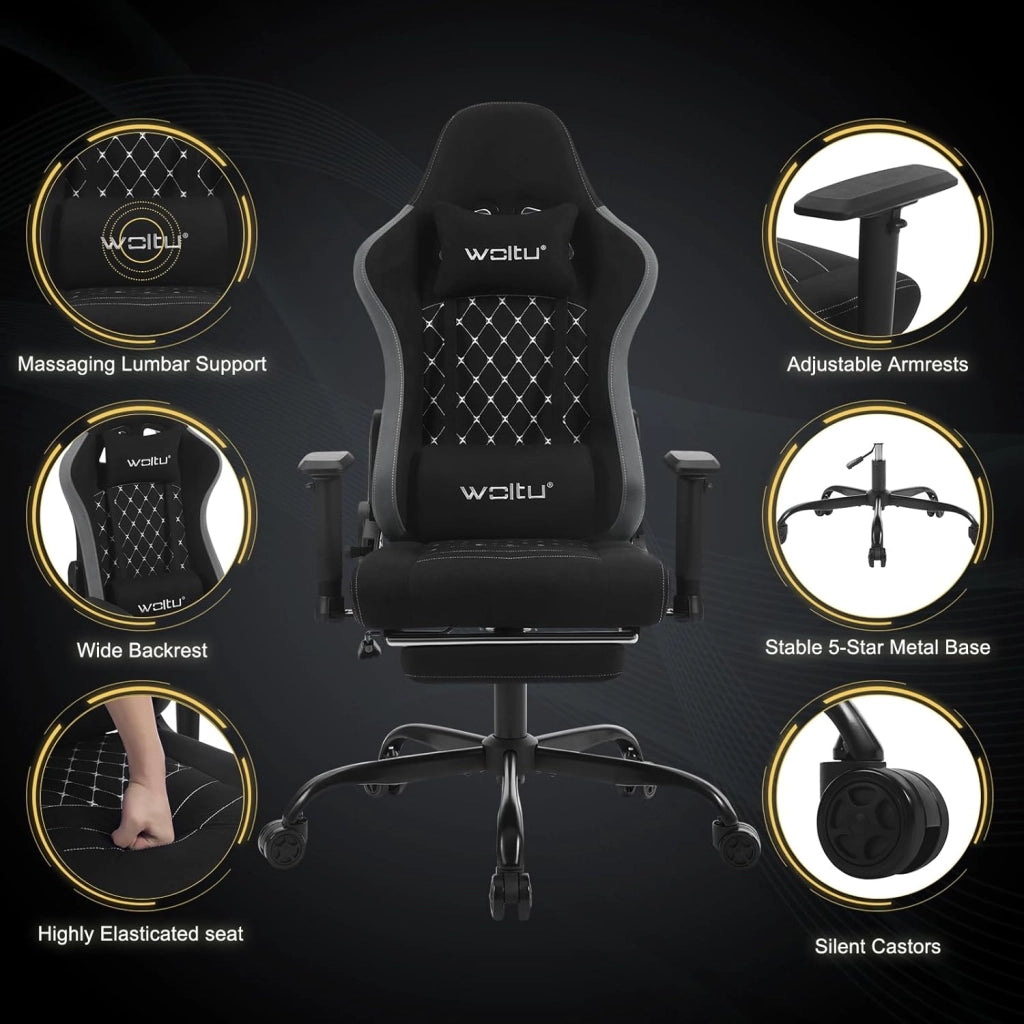 Sedia Gaming con Massaggiatore, Poltrona Ufficio Ergonomica, Sedia da Scrivania reclinabile, Poggiatesta,Supporto Lombare, 150 kg, Tessuto tecnologico, Nero+Grigio