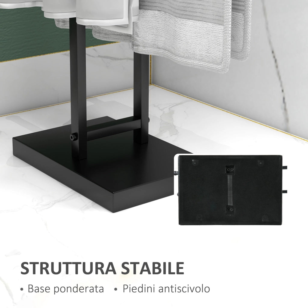 Piantana Portasciugamani da Bagno da Terra Autoportante 2 Bracci in Metallo 50x18,5x85 cm Nero