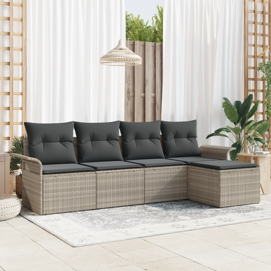 Set di divani da giardino 5 pezzi con cuscini grigio chiaro in polyrattan