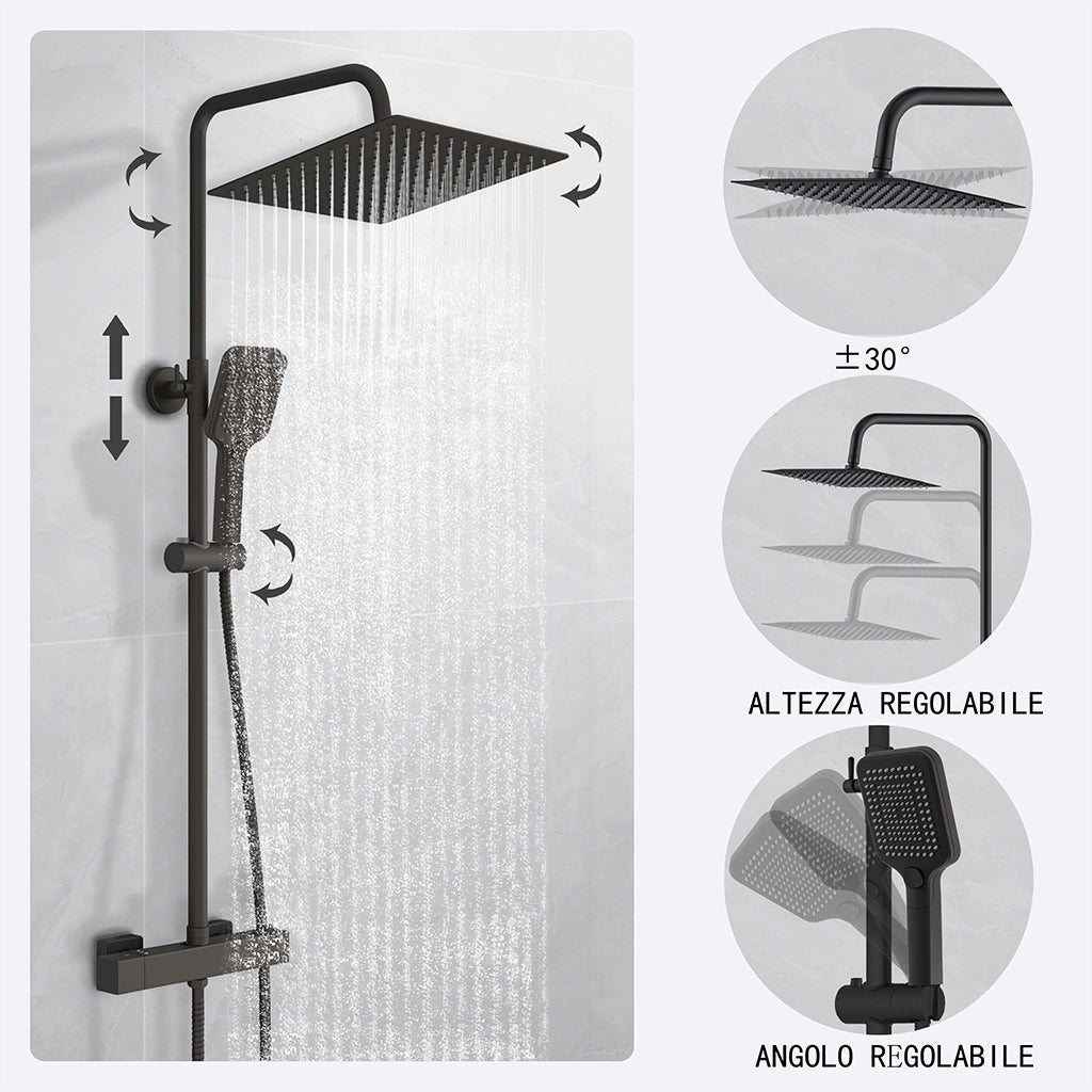 Colonna doccia idromassaggio AICA ITALY con rubinetto termostatico, soffione doccia a pioggia 30x30cm in acciaio inox, nero opaco