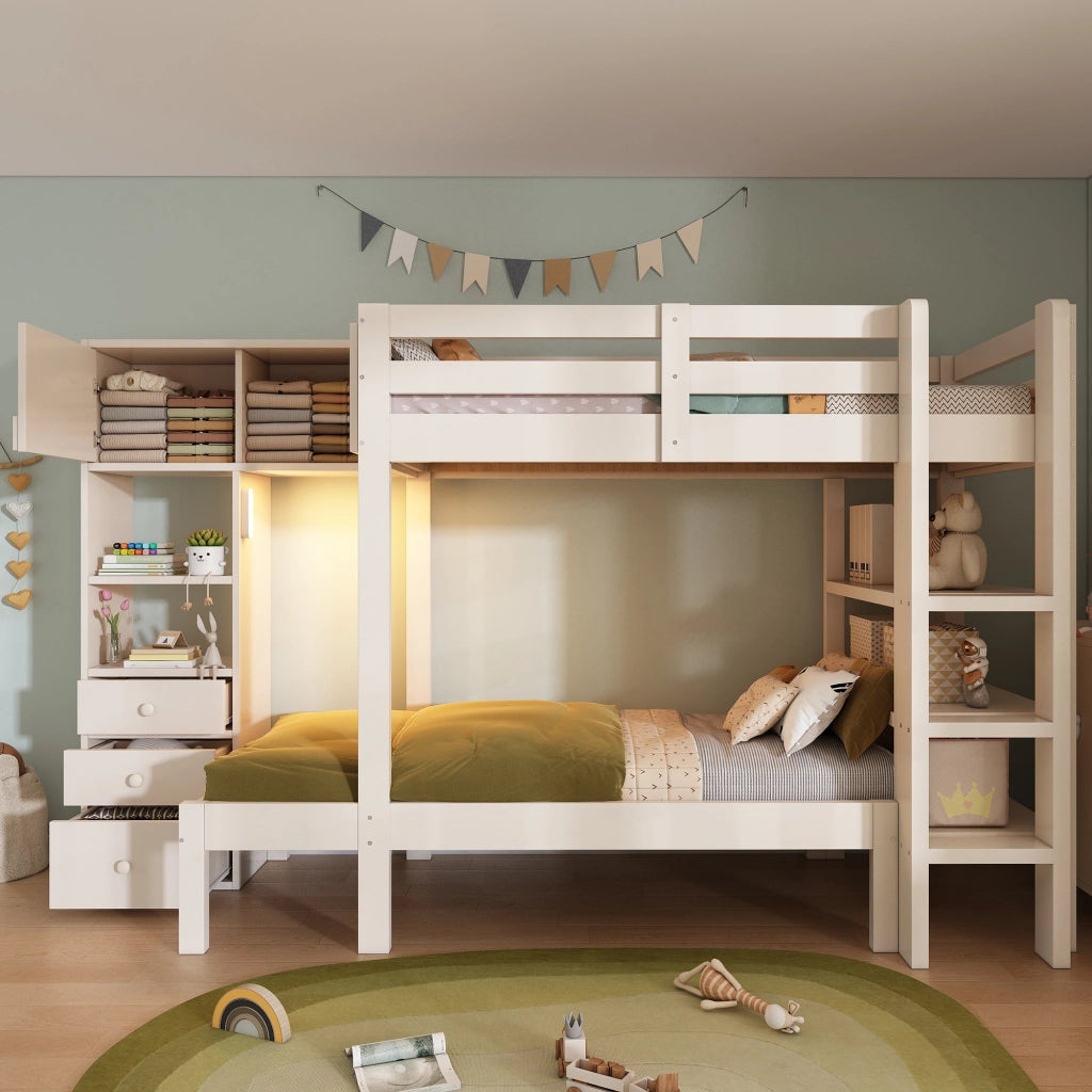 LETTO A CASTELLO SFALSATO 90x200 cm Bianco Metallo e Legno con Ripiani e Cassetti