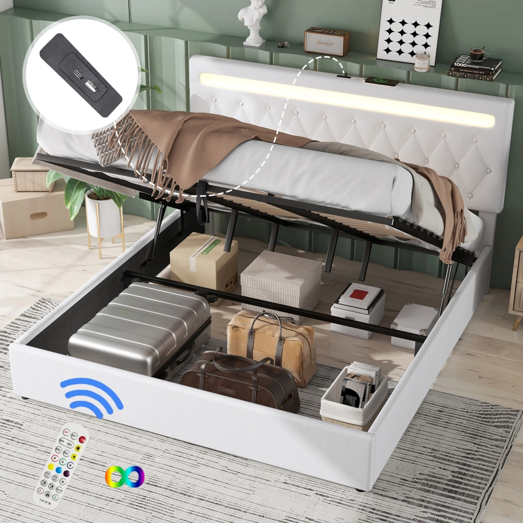 Letto Contenitore 180x200 cm; Letto Matrimoniale; USB; LED; in Lino e MDF; Bianco