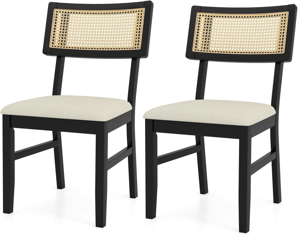 Set di 2 sedie da pranzo con schienale in rattan, sedie da cucina imbottite, portata fino a 180 kg, sedia imbottita in legno, per sala da pranzo, soggiorno, cucina, balcone (nero)