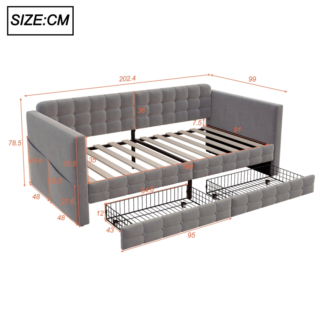 Letto imbottito 90x190 cm grigio con contenitore, tasche laterali, 2 cassetti e rete a doghe