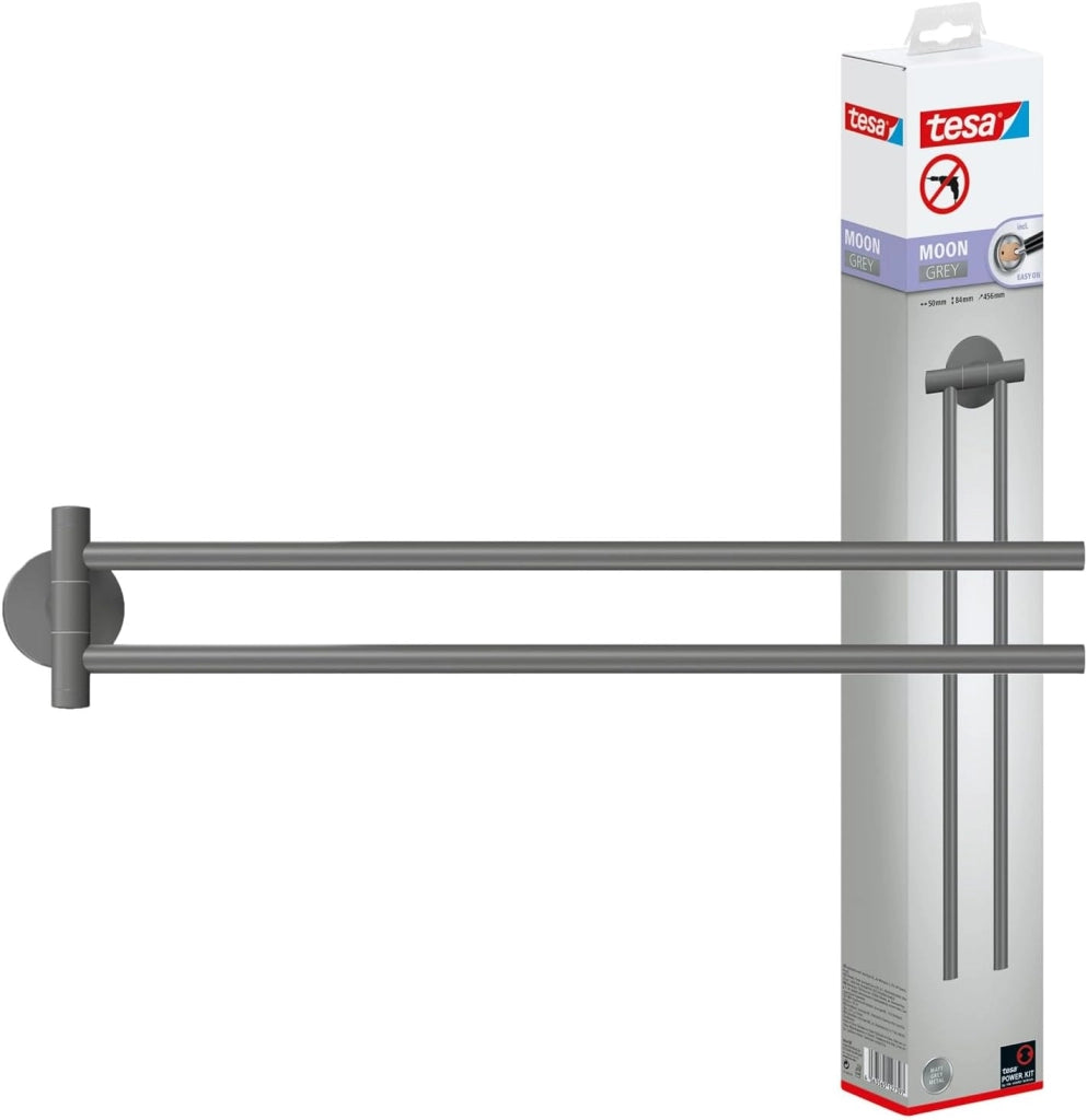 MOON GREY Portasciugamani a 2 Bracci per bagno e WC in stile industriale e bagni moderni - Senza foratura, soluzione adesiva inclusa - 84 mm x 50 mm x 456 mm - Grigio opaco