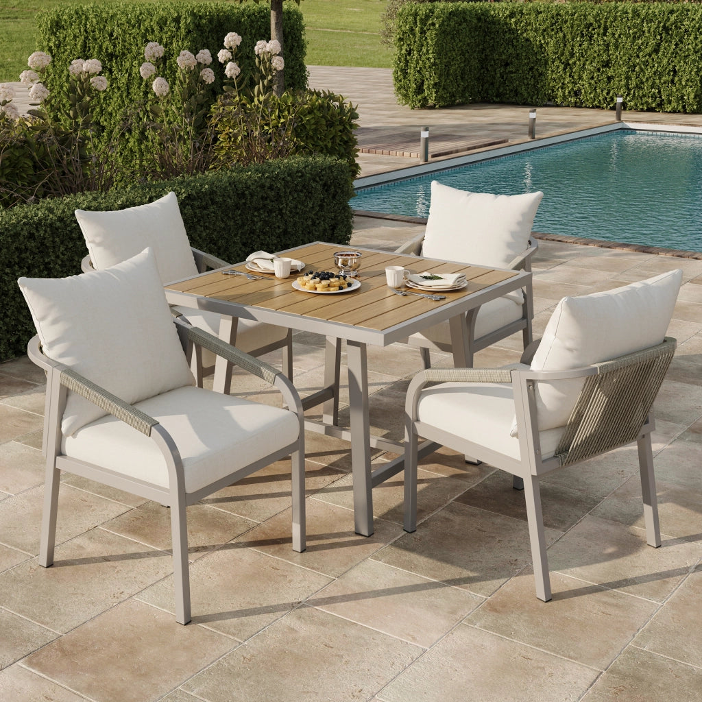 Set pranzo giardino 4 persone: 1 tavolo + 4 sedie; acciaio zincato; legno-plastica; design corda; kaki/beige