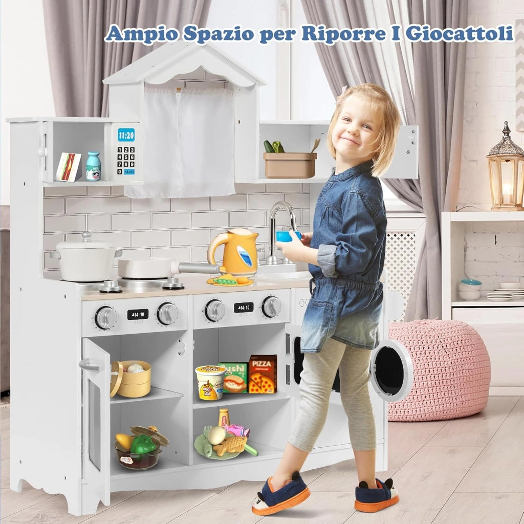 Cucina Giocattolo per Bambini, Cucina Legno per Bambini con Lavatrice, Piano, Cottura Forno e Microonde, 3 Anni+, Bianco