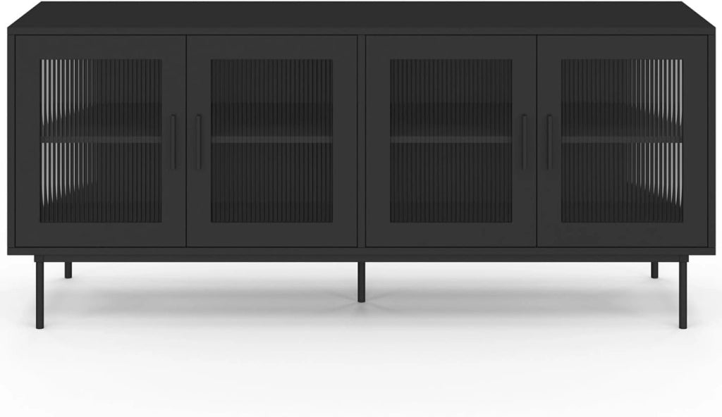 Credenza ZINEB 140 cm, 4 ante in vetro, frontale nero scanalato