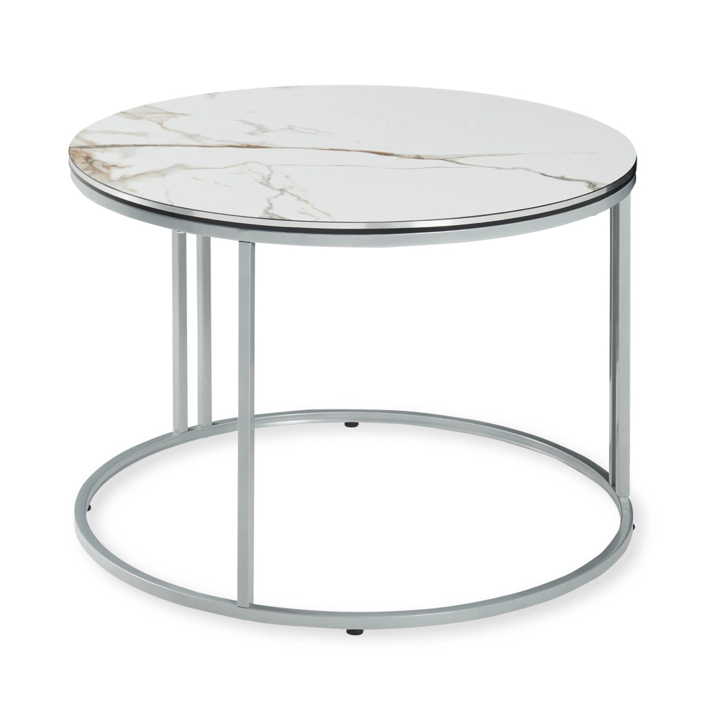 Tavolino Basso da Caffè 'Aulum' Piano Rotondo - Effetto Marmo Bianco / Argentato [en.casa]